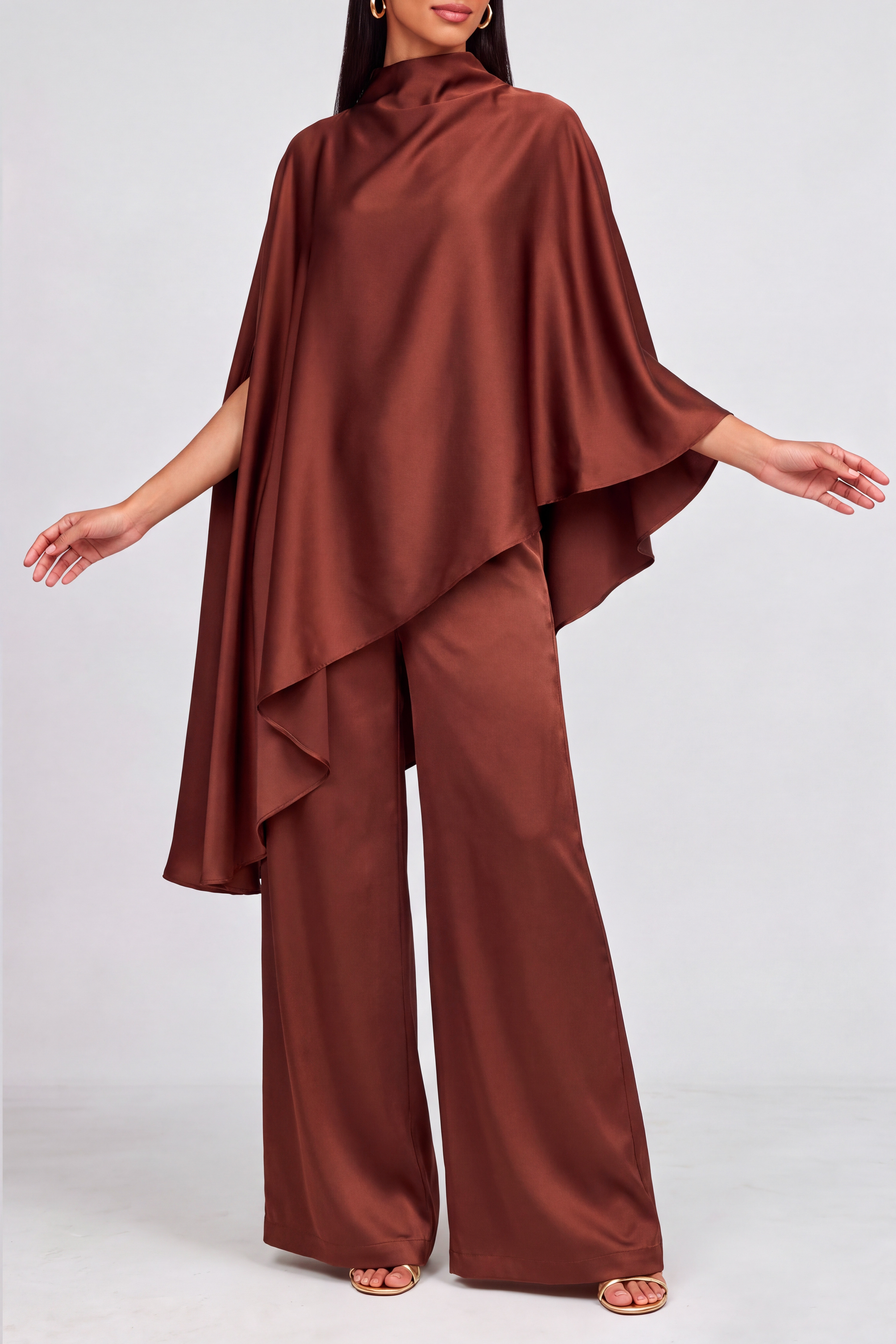 Seraphina High Neck Asymmetrical Pants Set In Brown