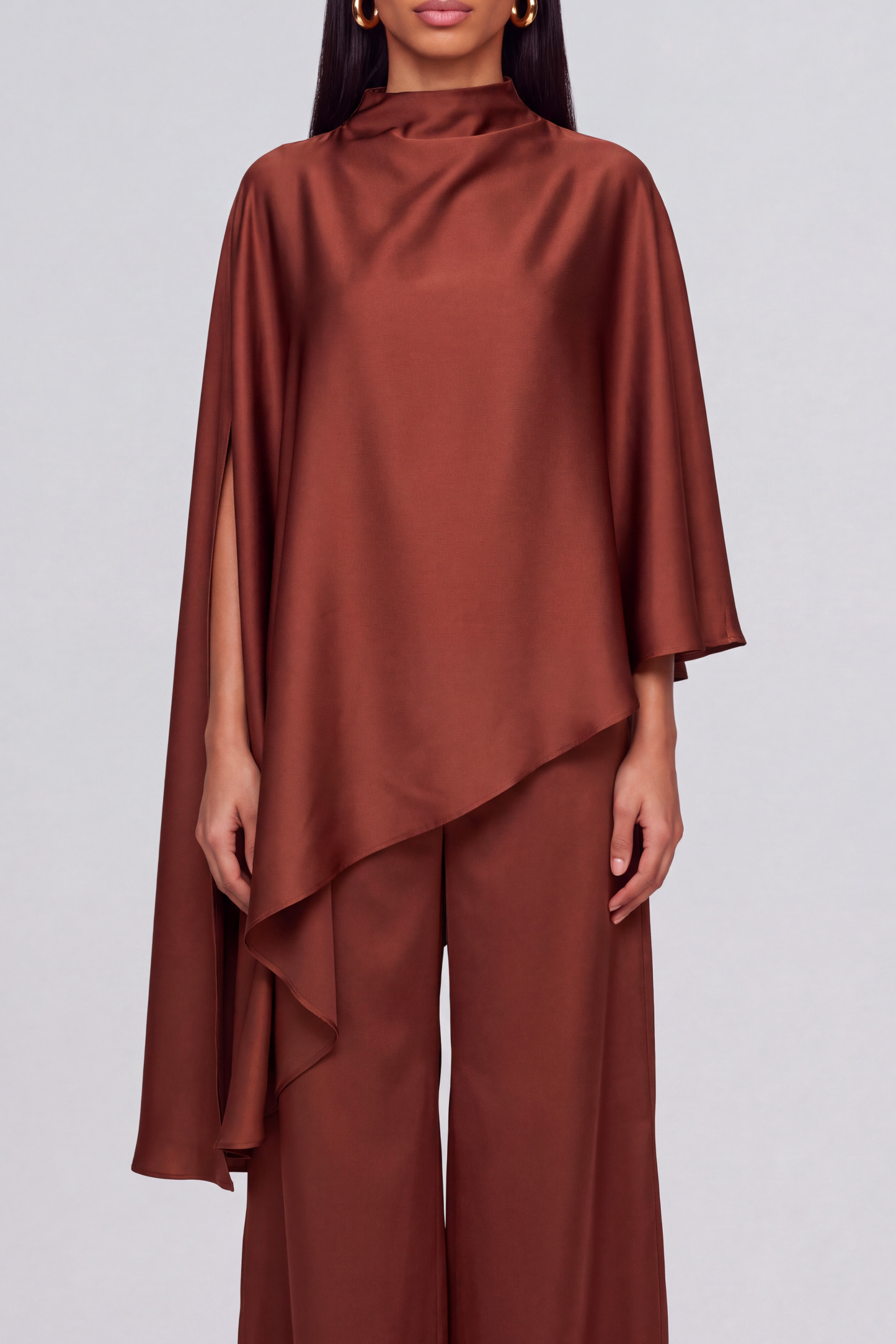 Seraphina High Neck Asymmetrical Pants Set In Brown