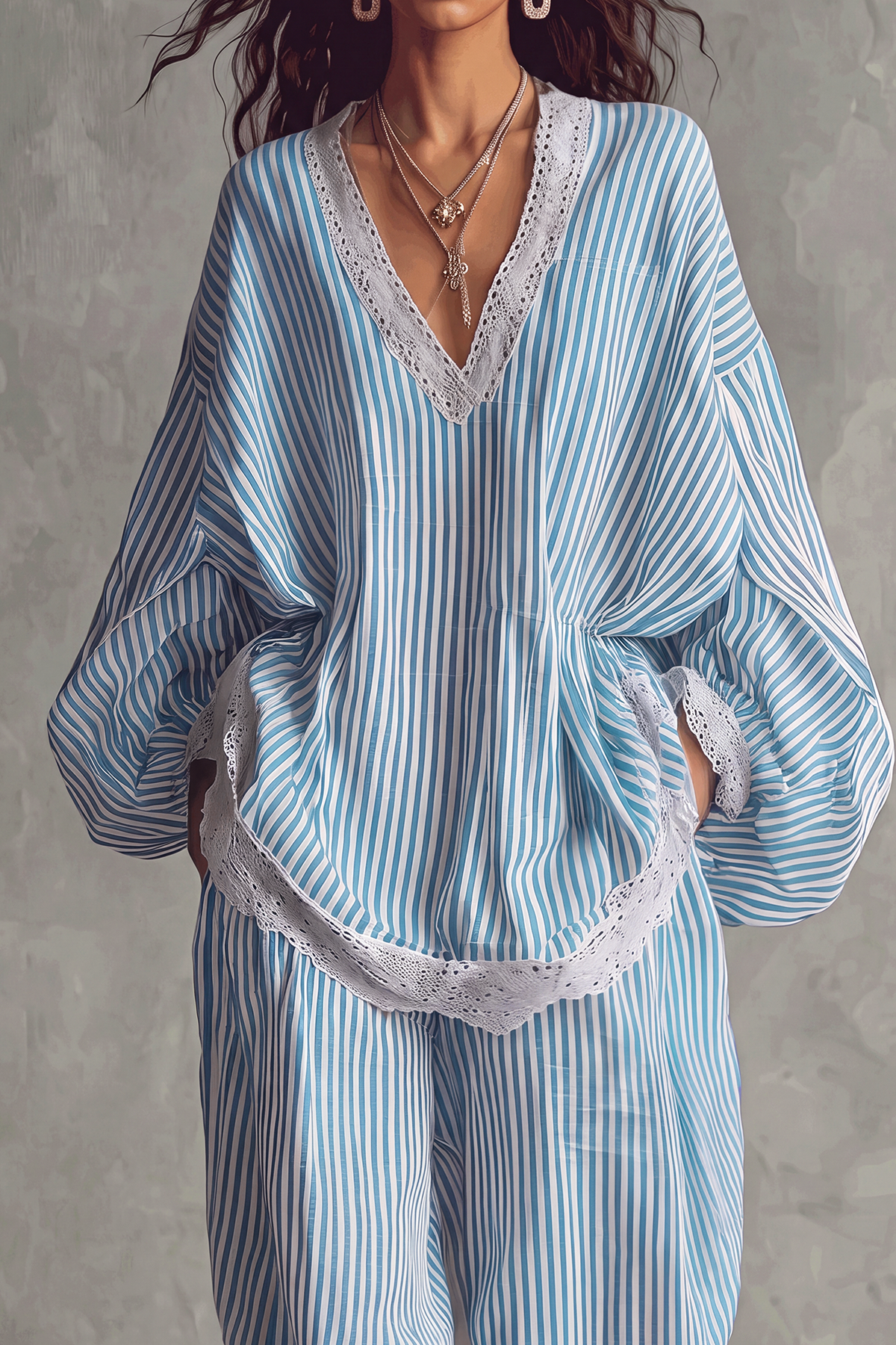 Sinclair V Neck Lace Stripe Pants Set