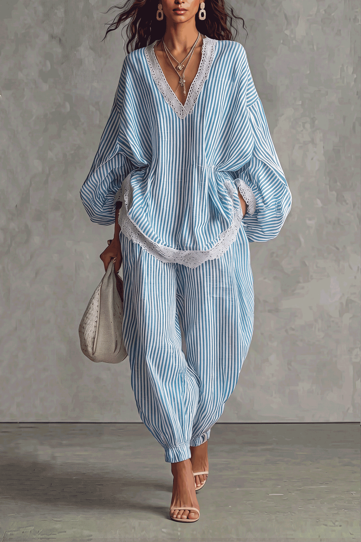 Sinclair V Neck Lace Stripe Pants Set