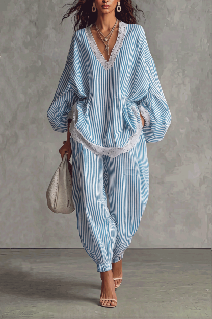 Sinclair V Neck Lace Stripe Pants Set