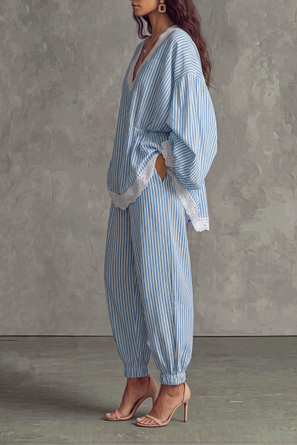 Sinclair V Neck Lace Stripe Pants Set
