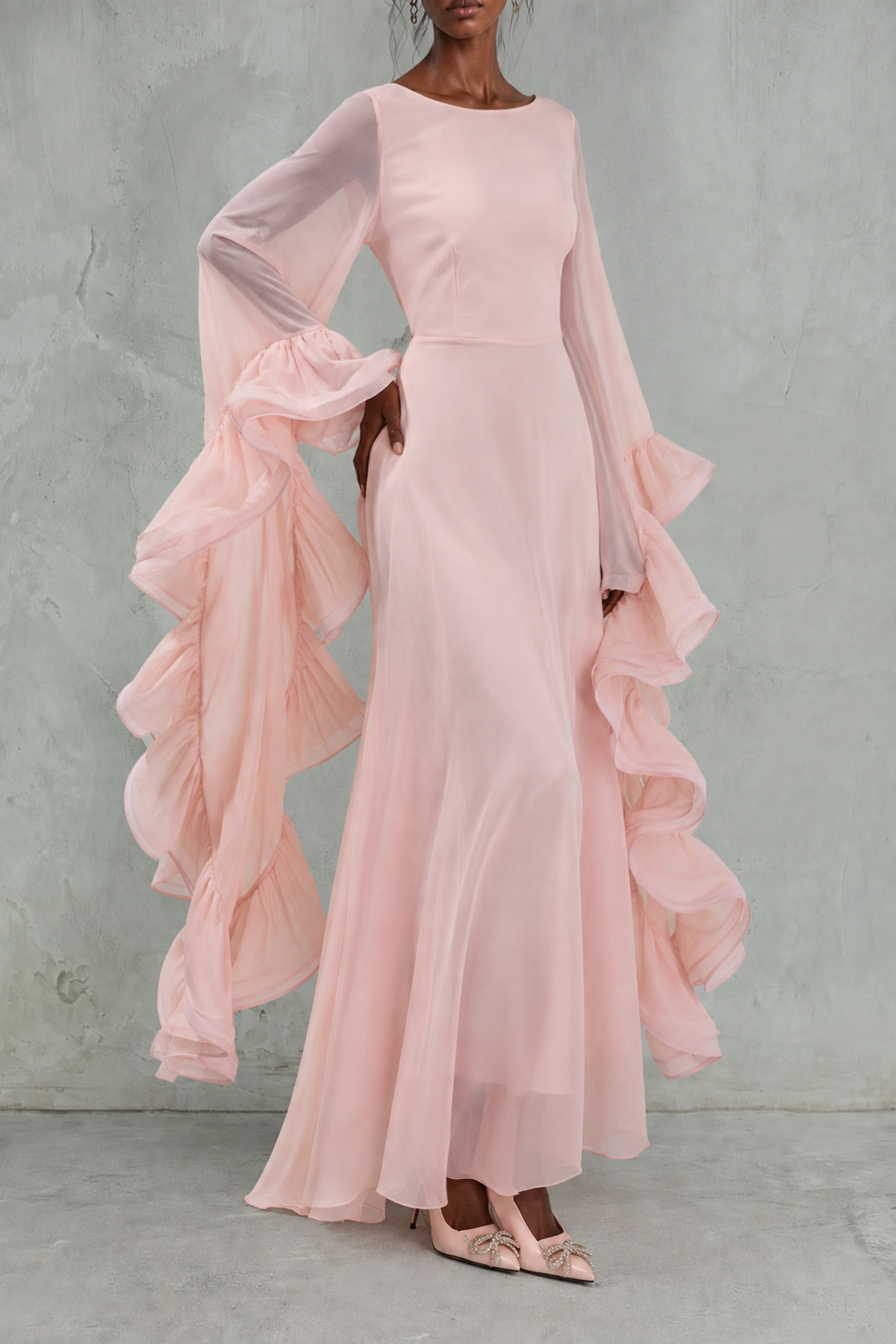 Solana Ruffled Sleeves Chiffon Maxi Dress