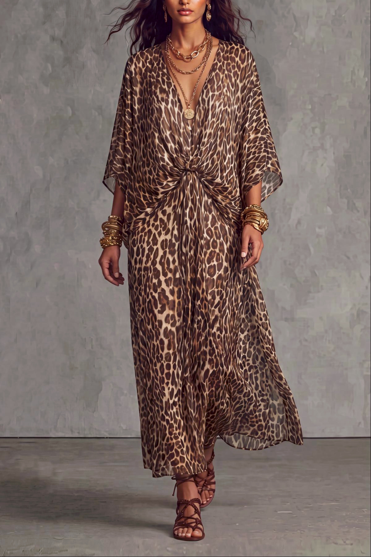 Solvexa Batwing Sleeve Leopard Print Maxi Dress