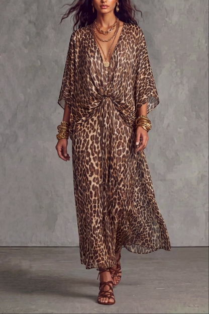 Solvexa Batwing Sleeve Leopard Print Maxi Dress