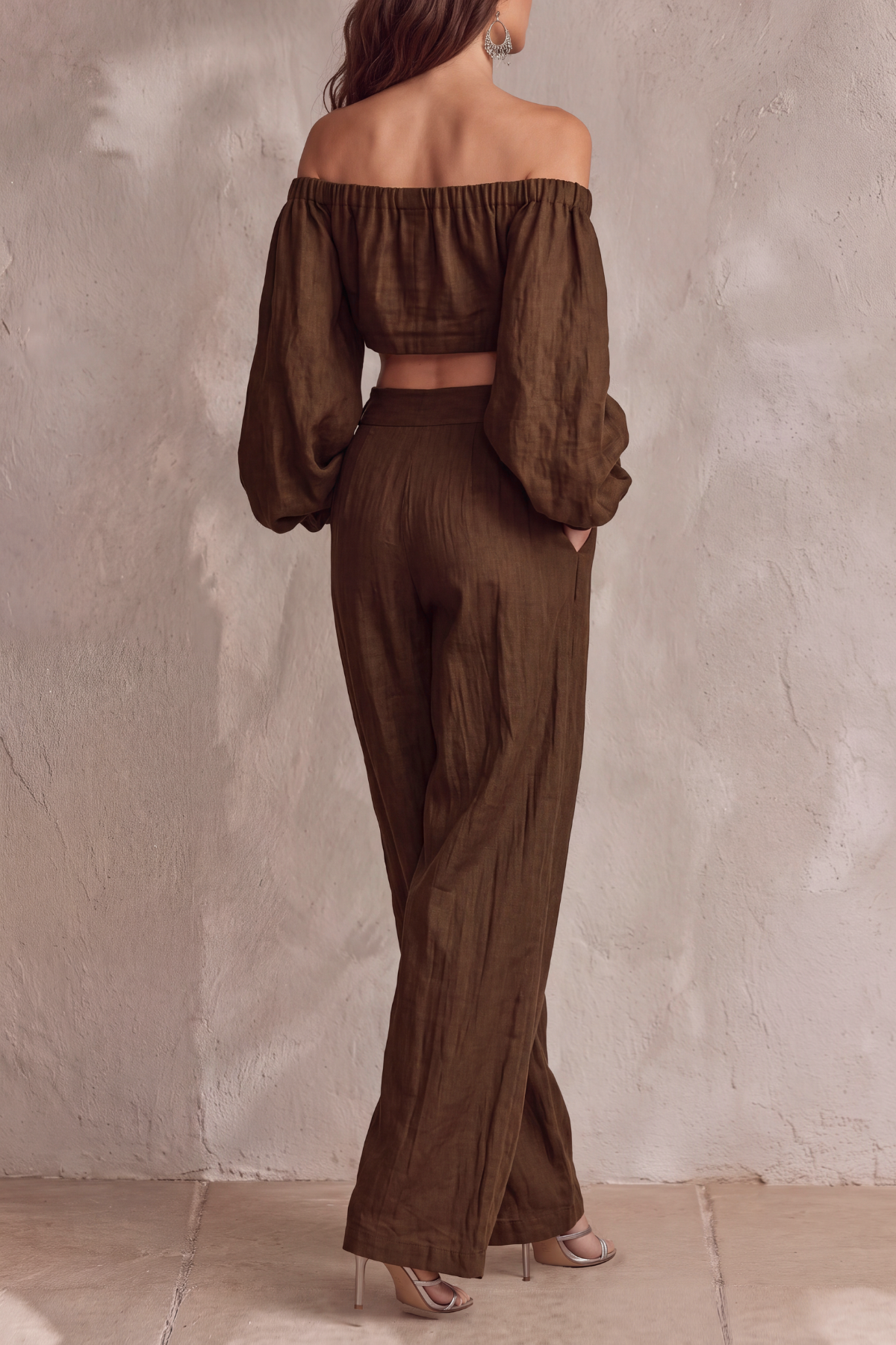 Sylvena Off Shoulder Crop Wide Pants Set