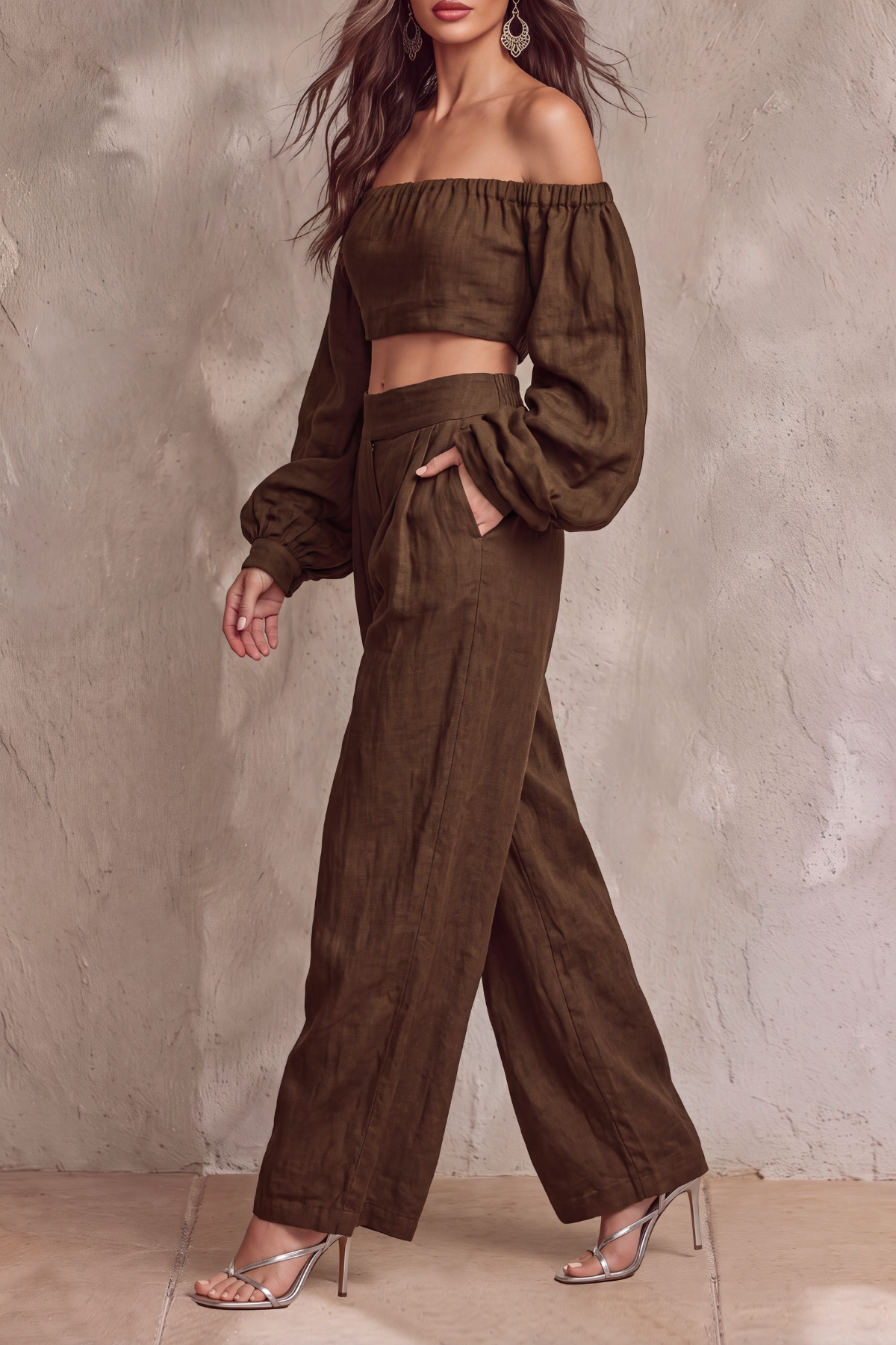Sylvena Off Shoulder Crop Wide Pants Set