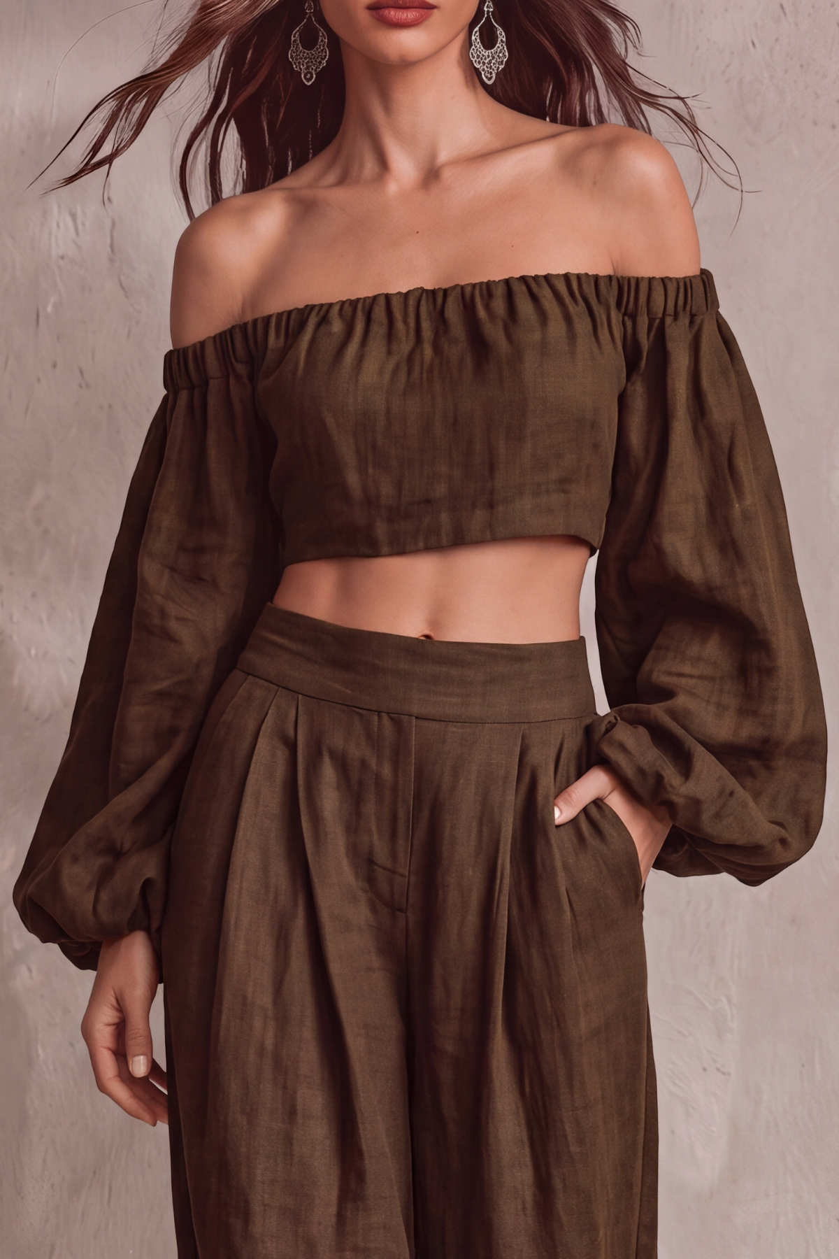 Sylvena Off Shoulder Crop Wide Pants Set