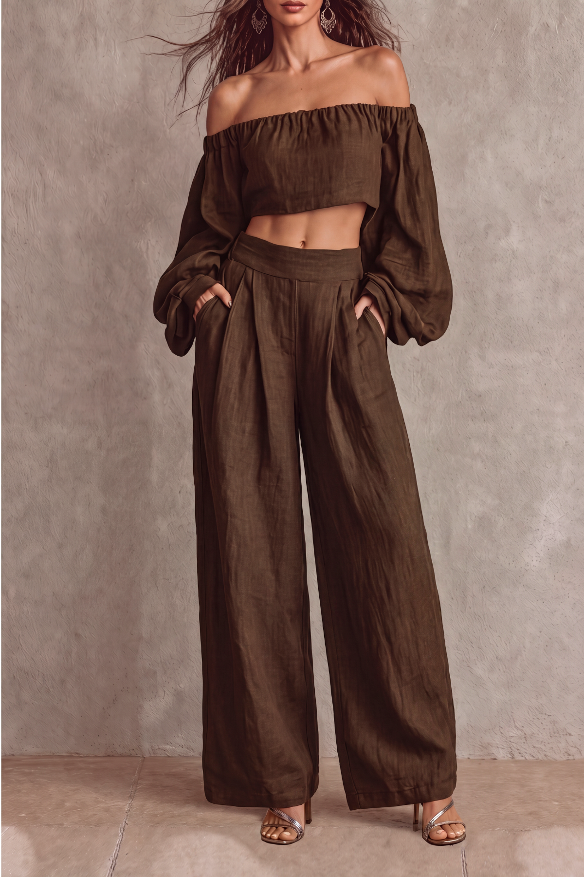 Sylvena Off Shoulder Crop Wide Pants Set