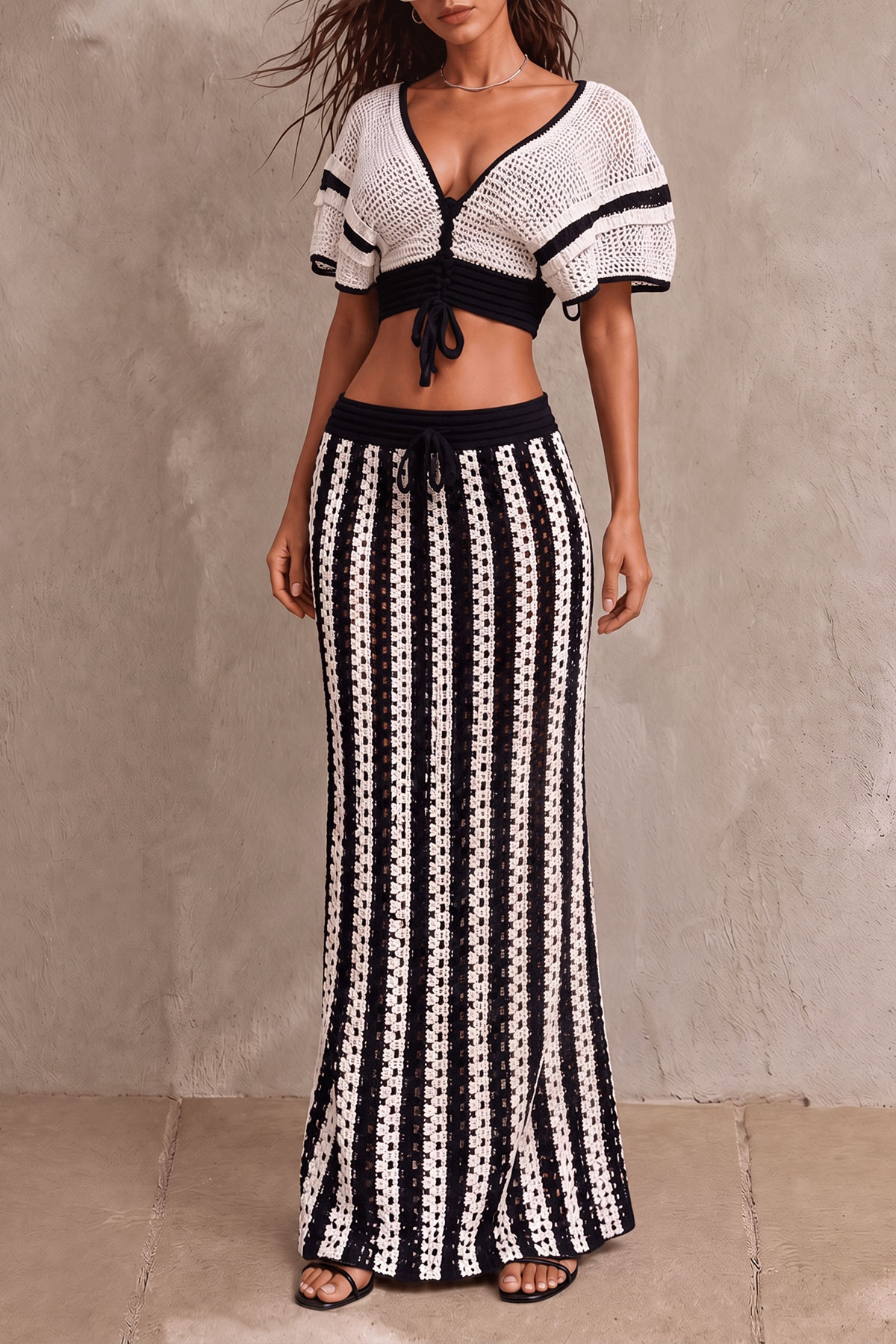 Sylvia Stripe Knit Skirt Set In Black