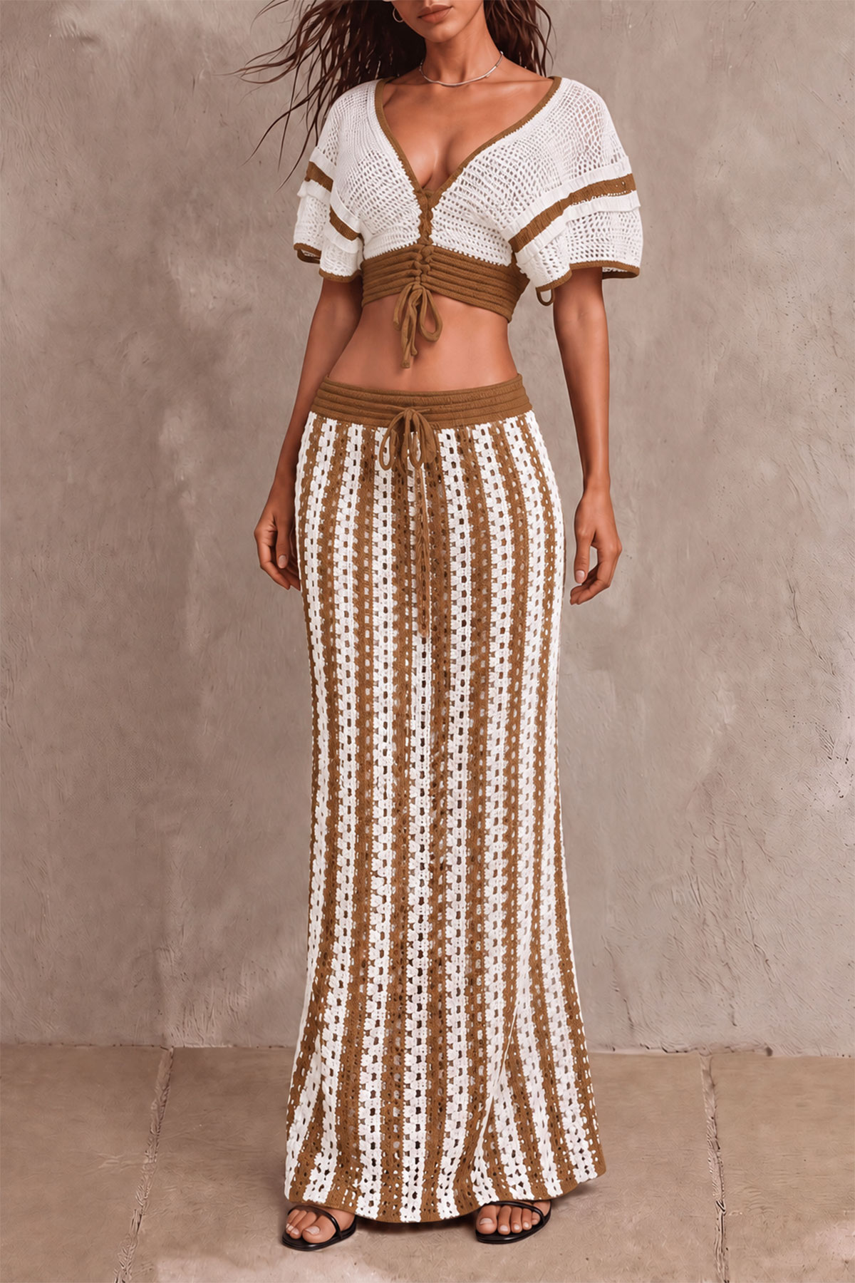 Sylvia Stripe Knit Skirt Set In Brown