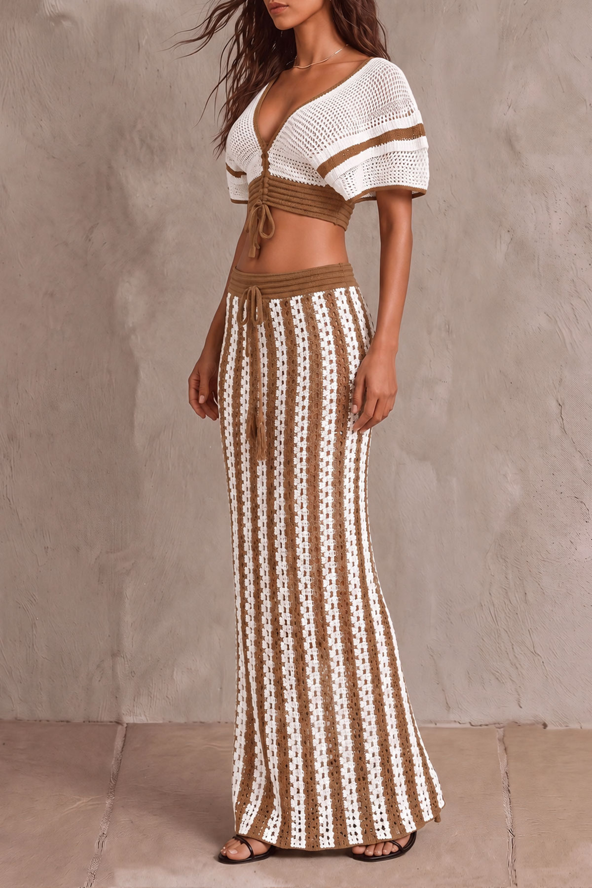 Sylvia Stripe Knit Skirt Set In Brown