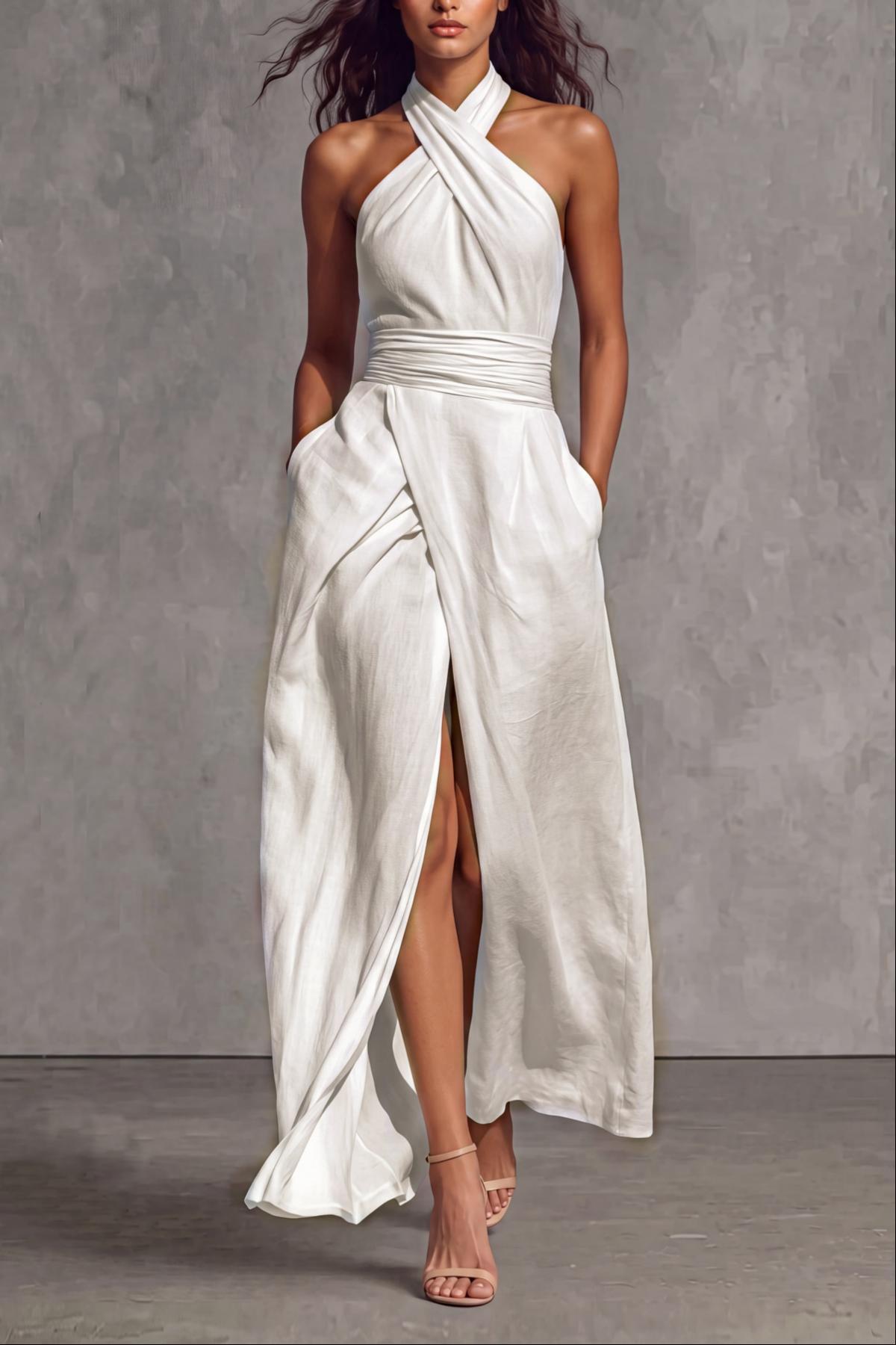Sylvique Halter Neck Ruched Slit Pocket Maxi Dress