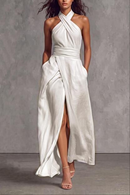 Sylvique Halter Neck Ruched Slit Pocket Maxi Dress