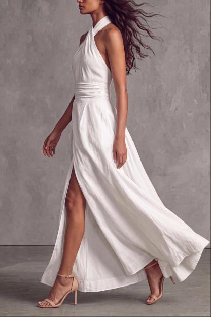 Sylvique Halter Neck Ruched Slit Pocket Maxi Dress