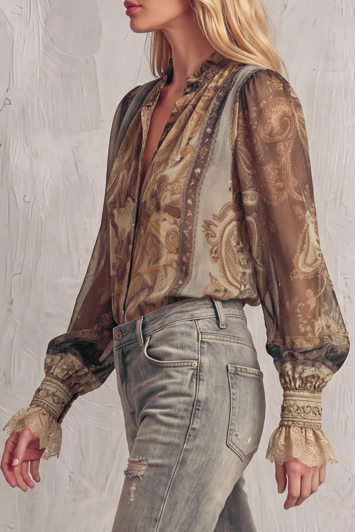 Sylvora V Neck Button Print Blouse