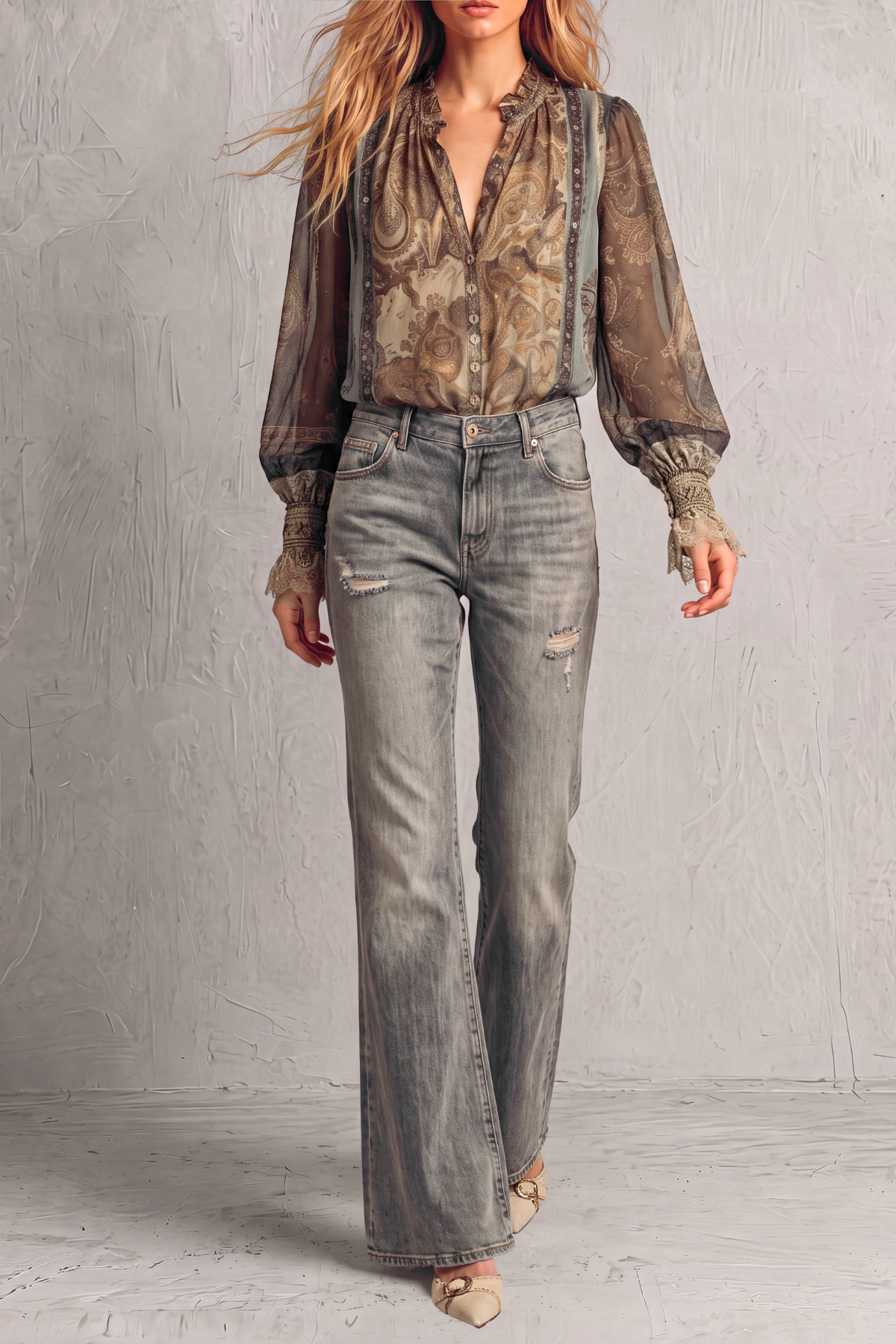 Sylvora V Neck Button Print Blouse