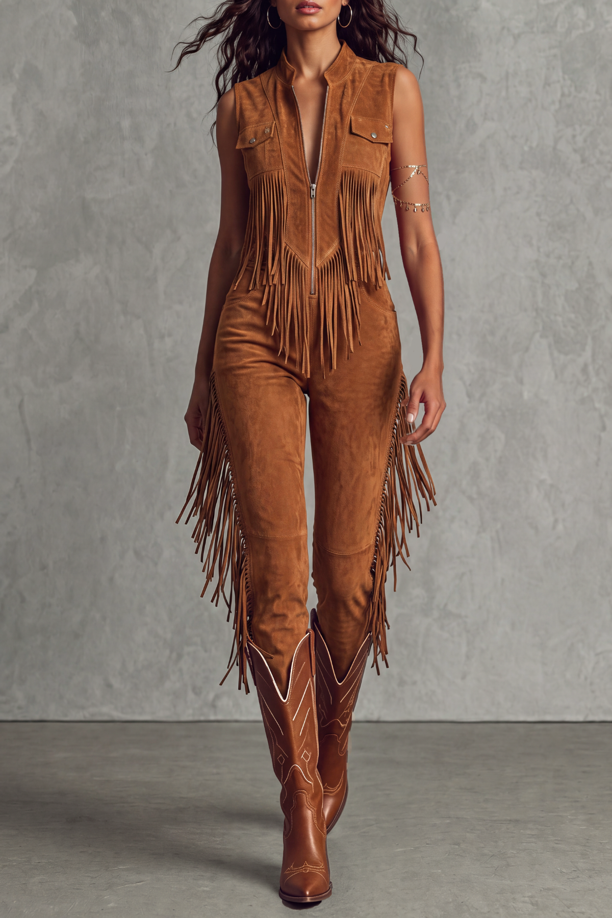 Tareva Suede Zip Fringe Jumpsuit