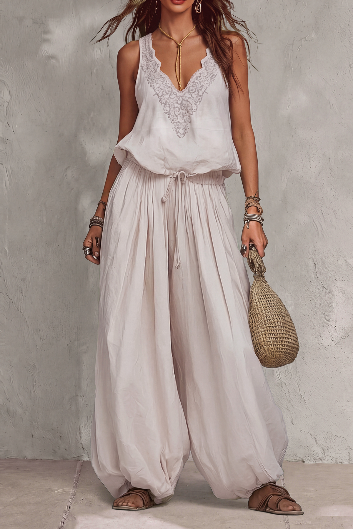 Tavella Embroidery Drawstring Pants Set