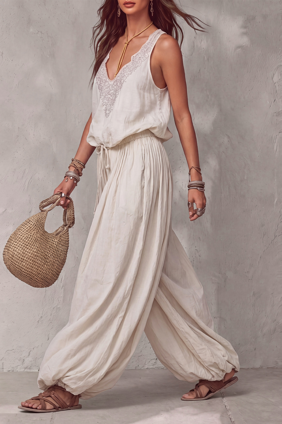 Tavella Embroidery Drawstring Pants Set