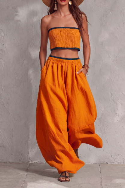 Tavrise Strapless Side Pockets Wide Pants Set