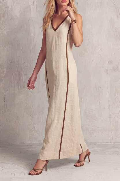 Tavyra V Neck Stripe Pockets Maxi Dress