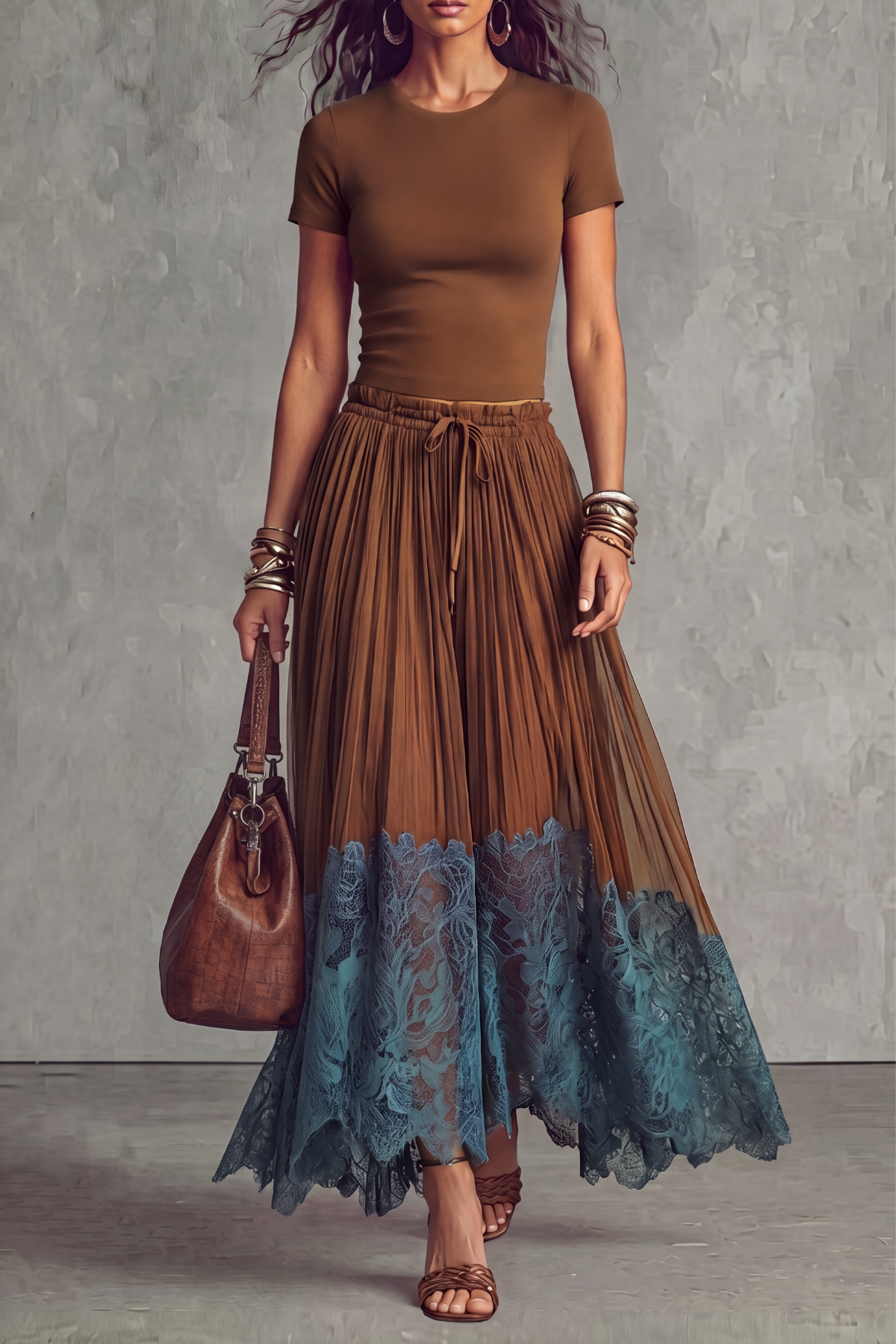 Tazelle Crop Top Lace Tulle Maxi Skirt Set