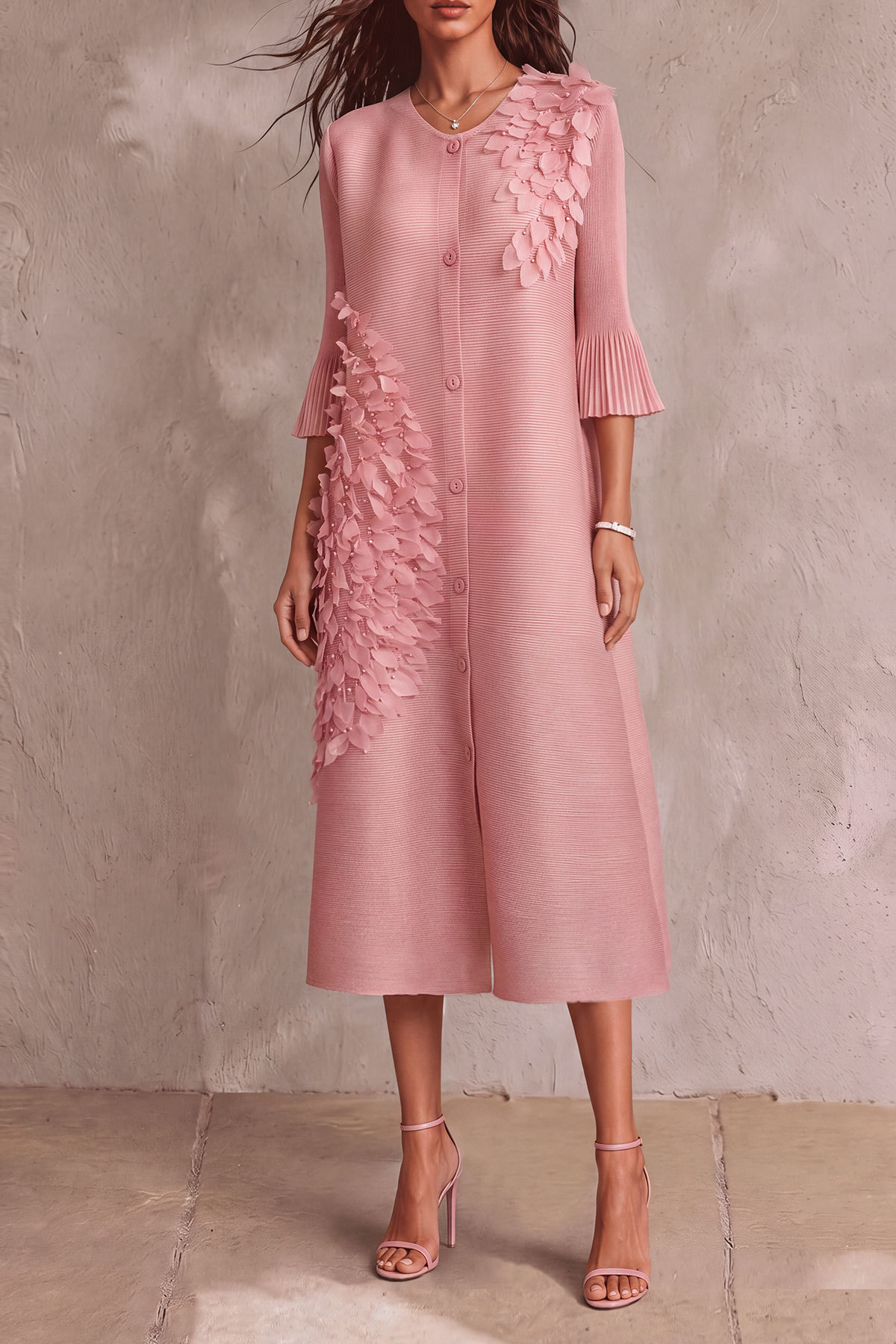 Teresa Flower Pleated Button Midi Dress
