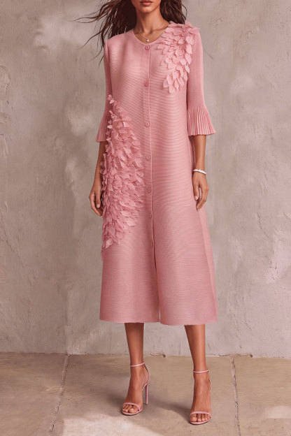 Teresa Flower Pleated Button Midi Dress
