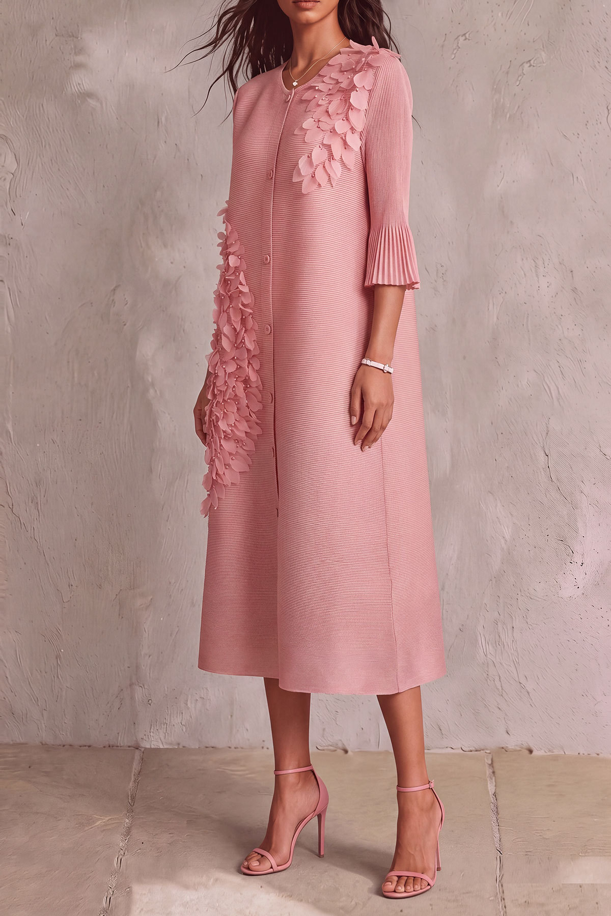 Teresa Flower Pleated Button Midi Dress