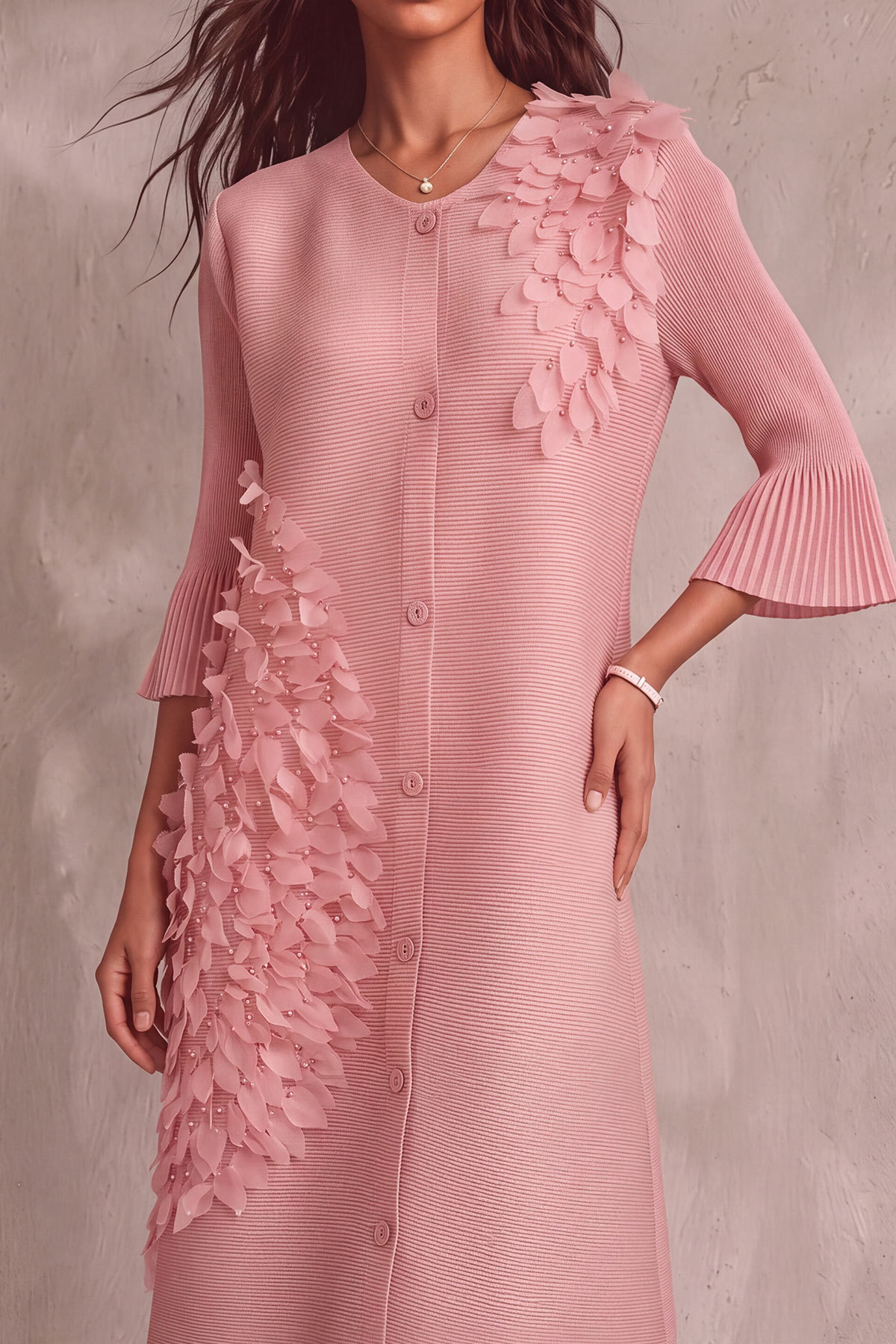 Teresa Flower Pleated Button Midi Dress