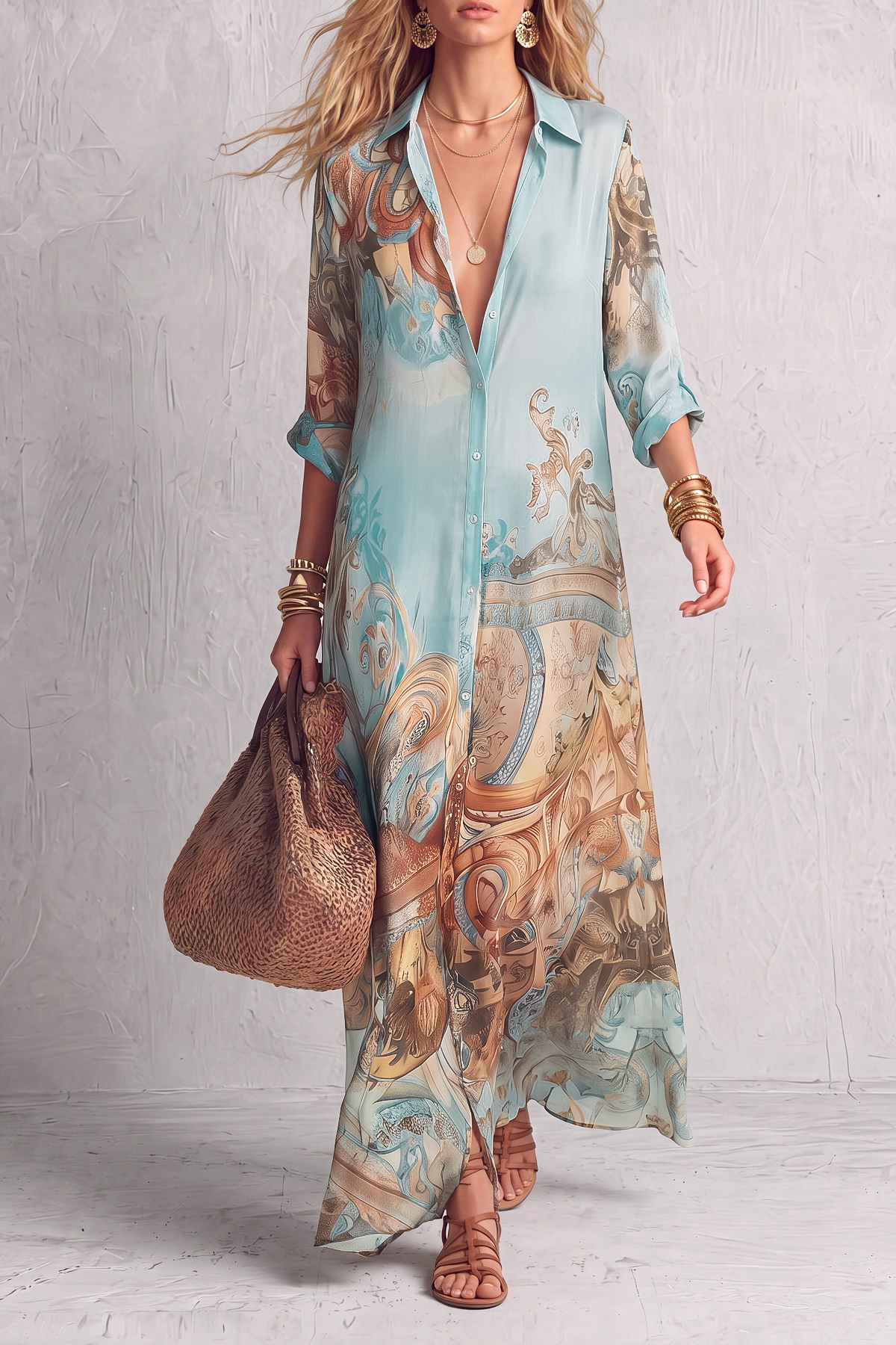 Valina Collar Print Shirt Maxi Dress