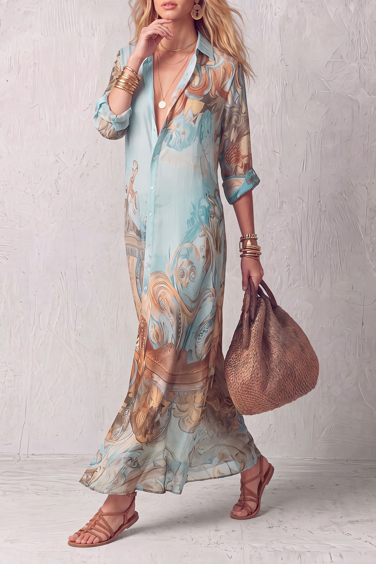 Valina Collar Print Shirt Maxi Dress