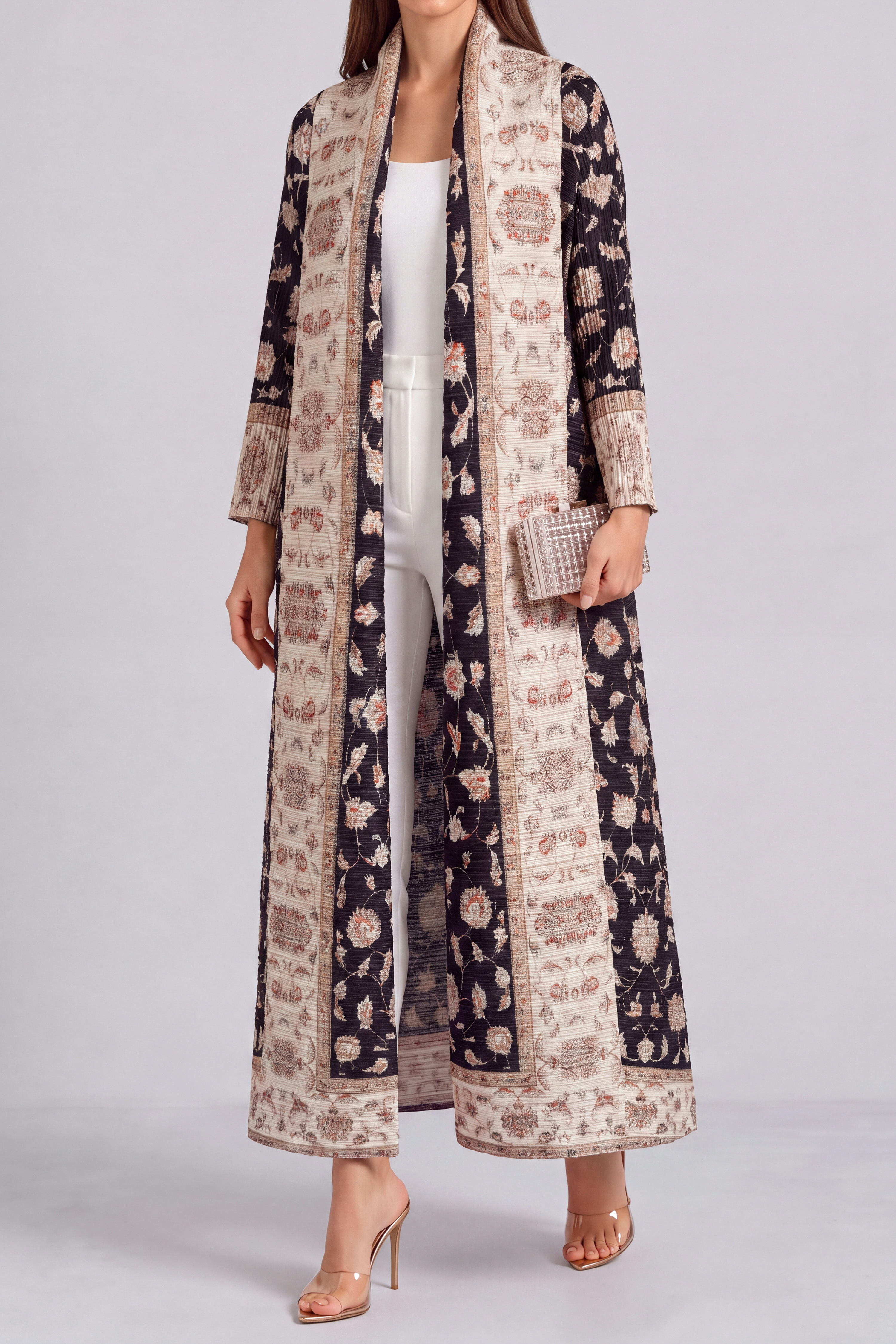 Vanessa Print Pleated Abaya Kimono In Black