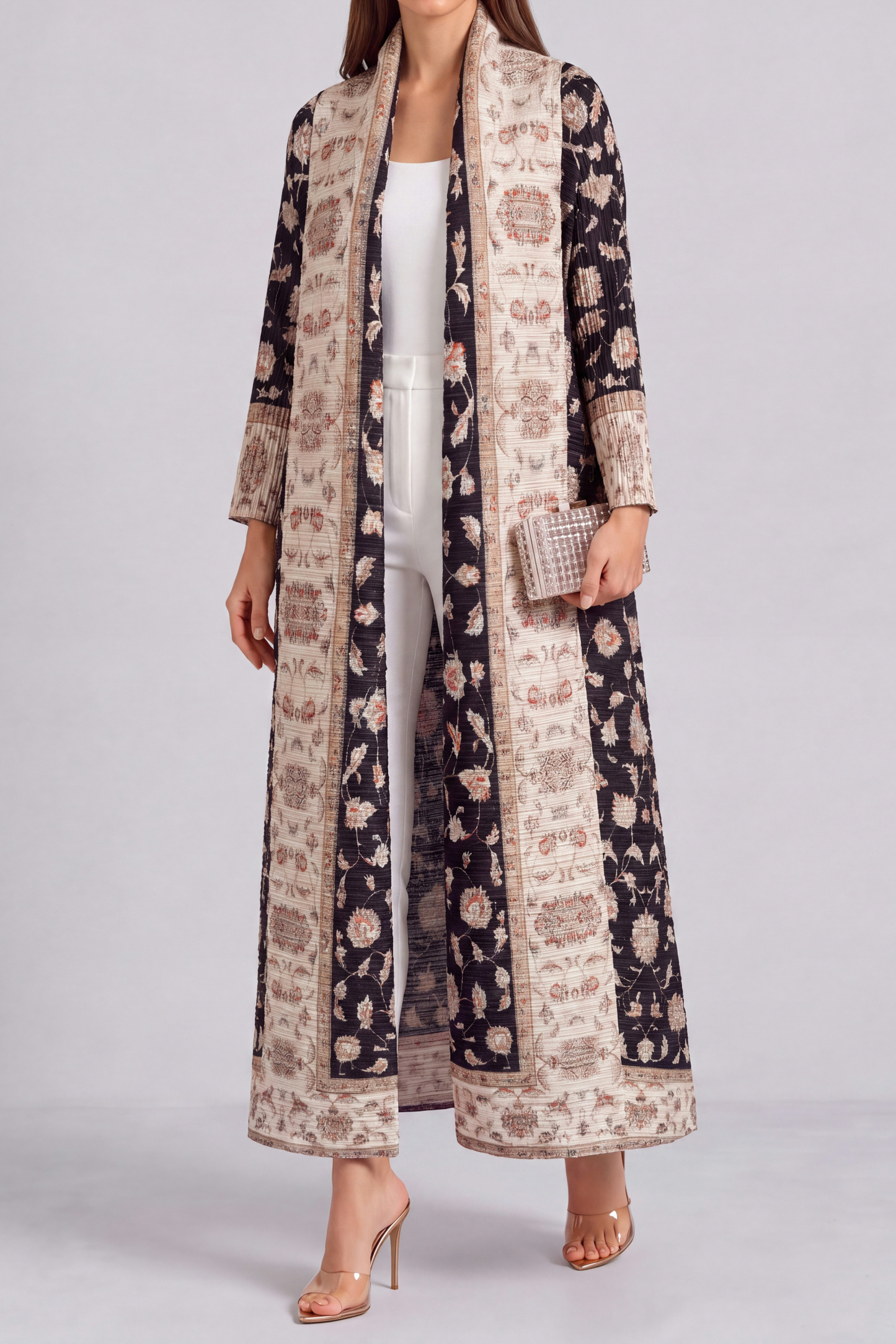 Vanessa Print Pleated Abaya Kimono In Black