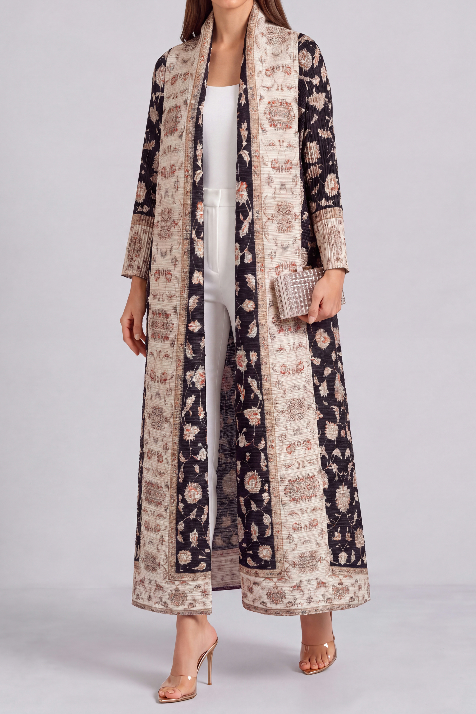Vanessa Print Pleated Abaya Kimono In Black