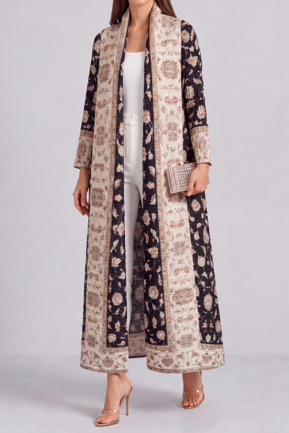 Vanessa Print Pleated Abaya Kimono In Black