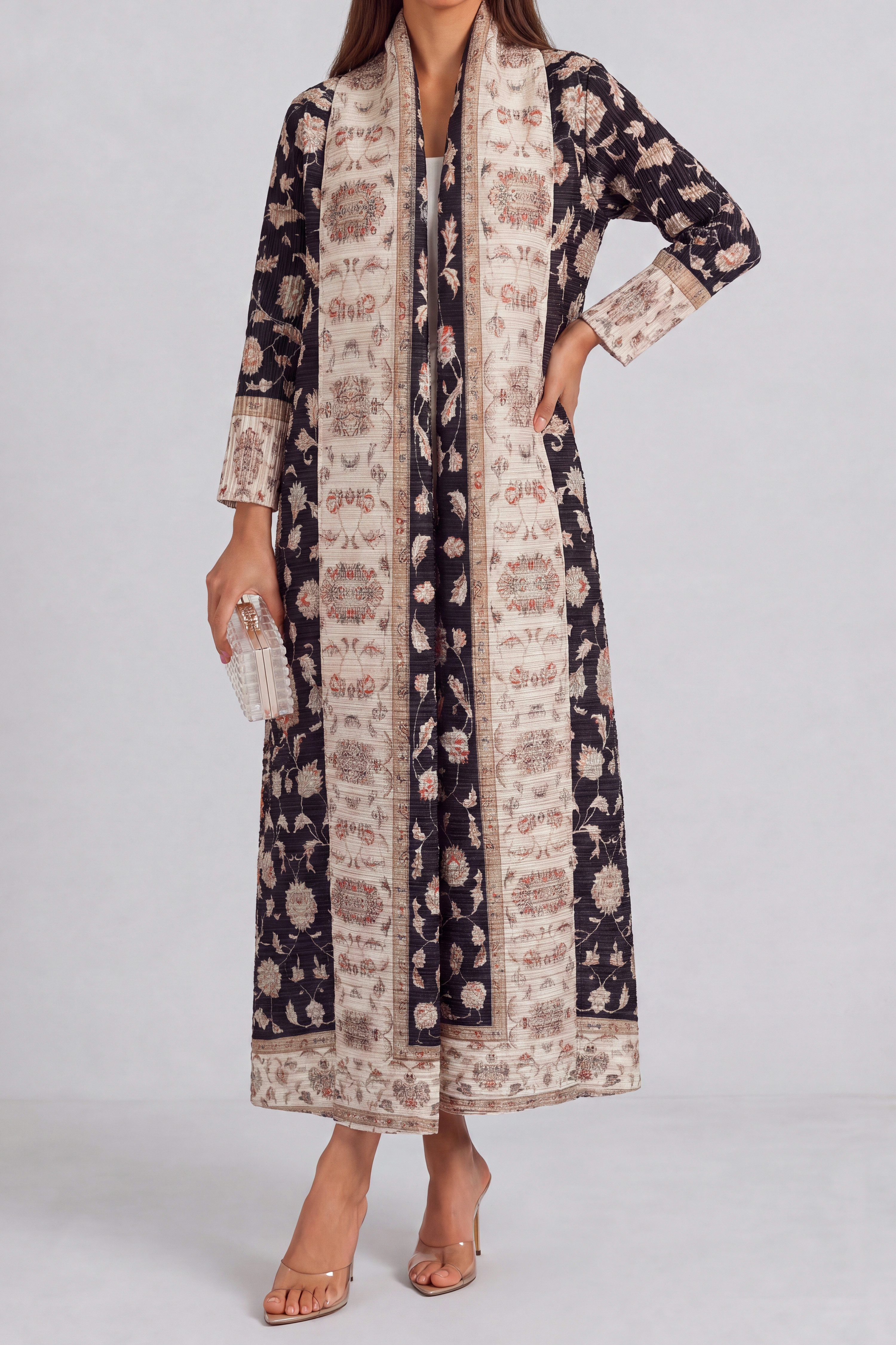 Vanessa Print Pleated Abaya Kimono In Black