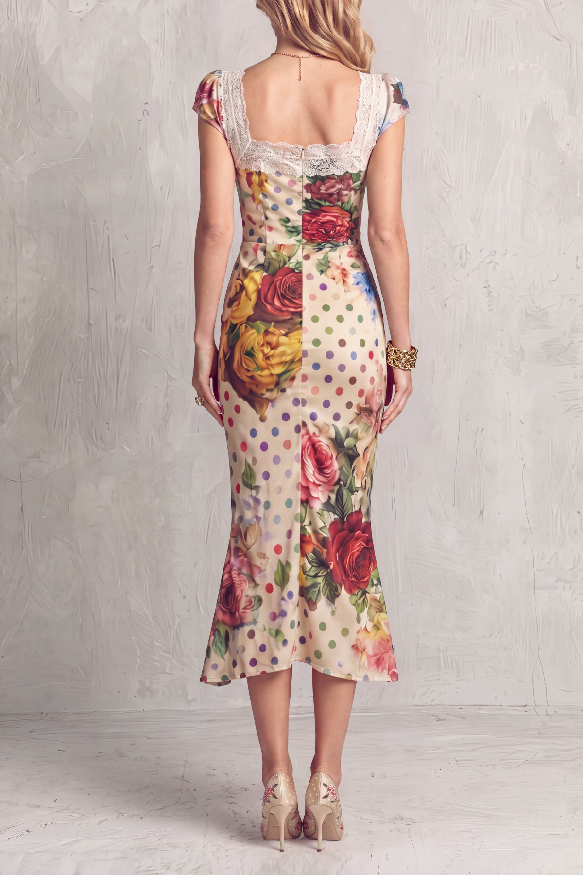 Varellex Lace Ruched Floral Dot Midi Dress