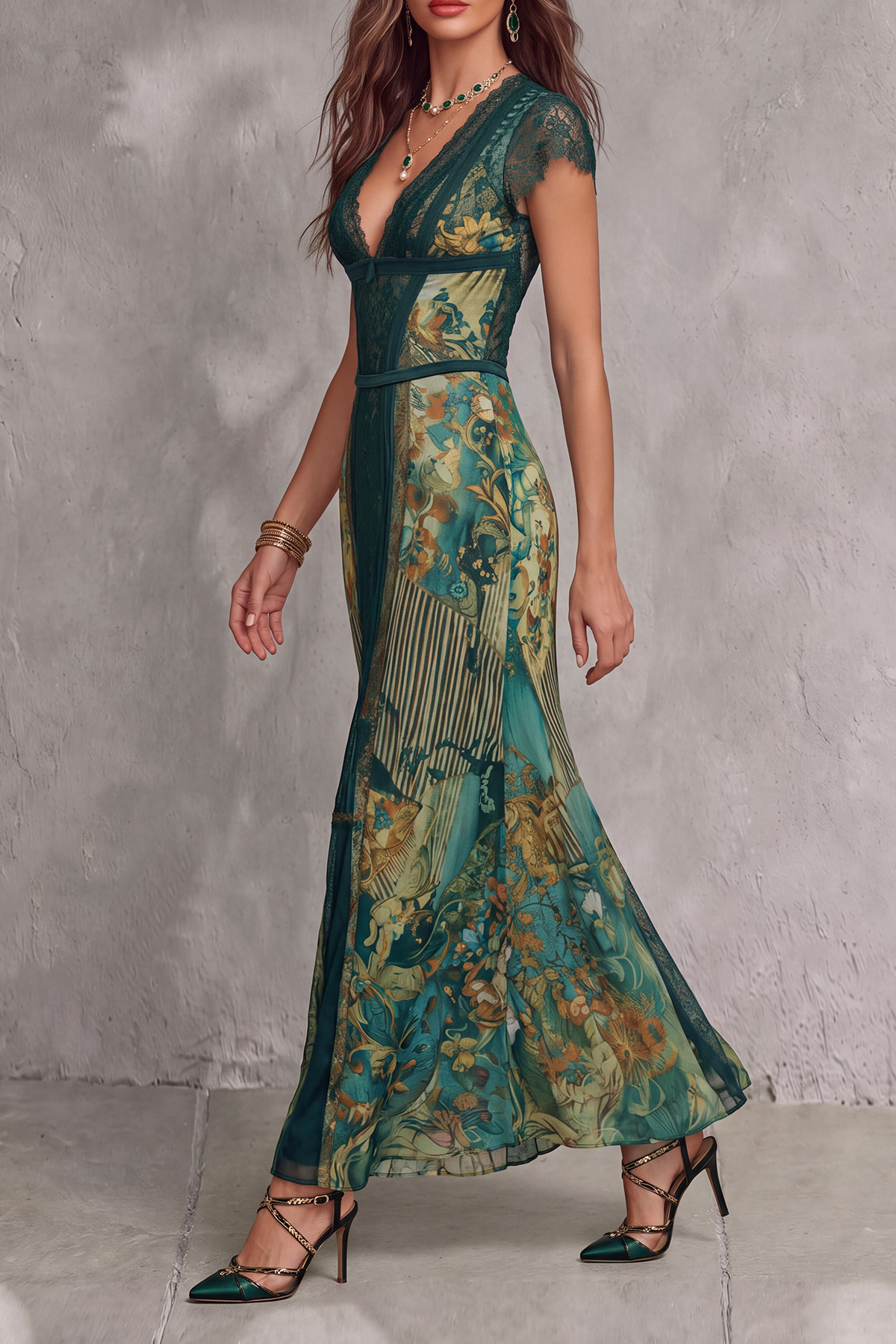 Vayrix Plunge Neck Lace Trim Maxi Dress