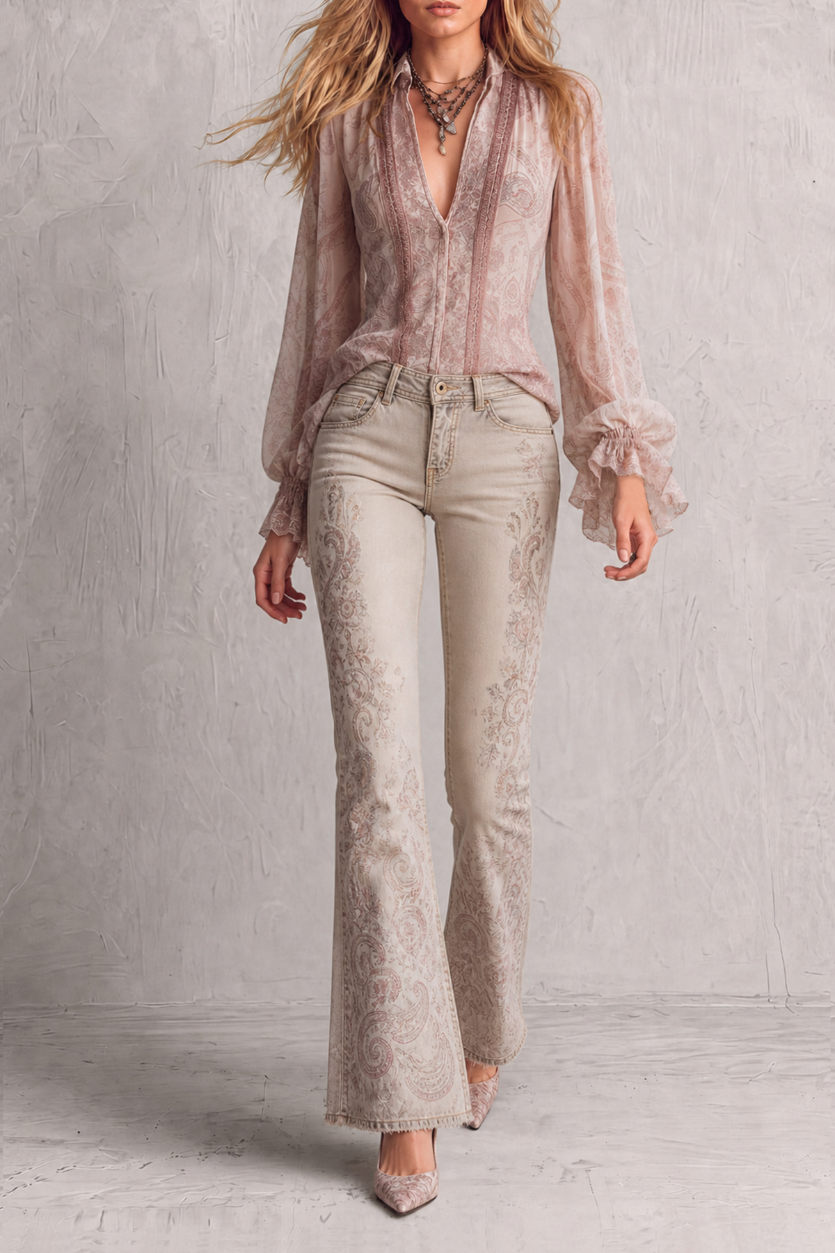 Velique Plunge Neck Lace Print Blouse