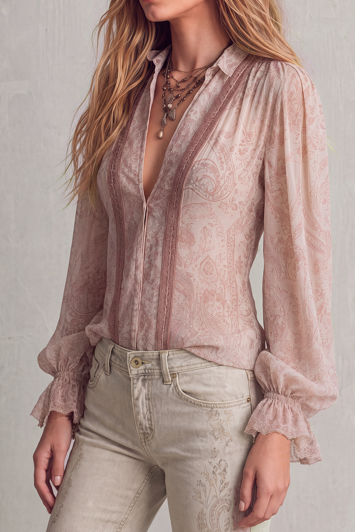 Velique Plunge Neck Lace Print Blouse