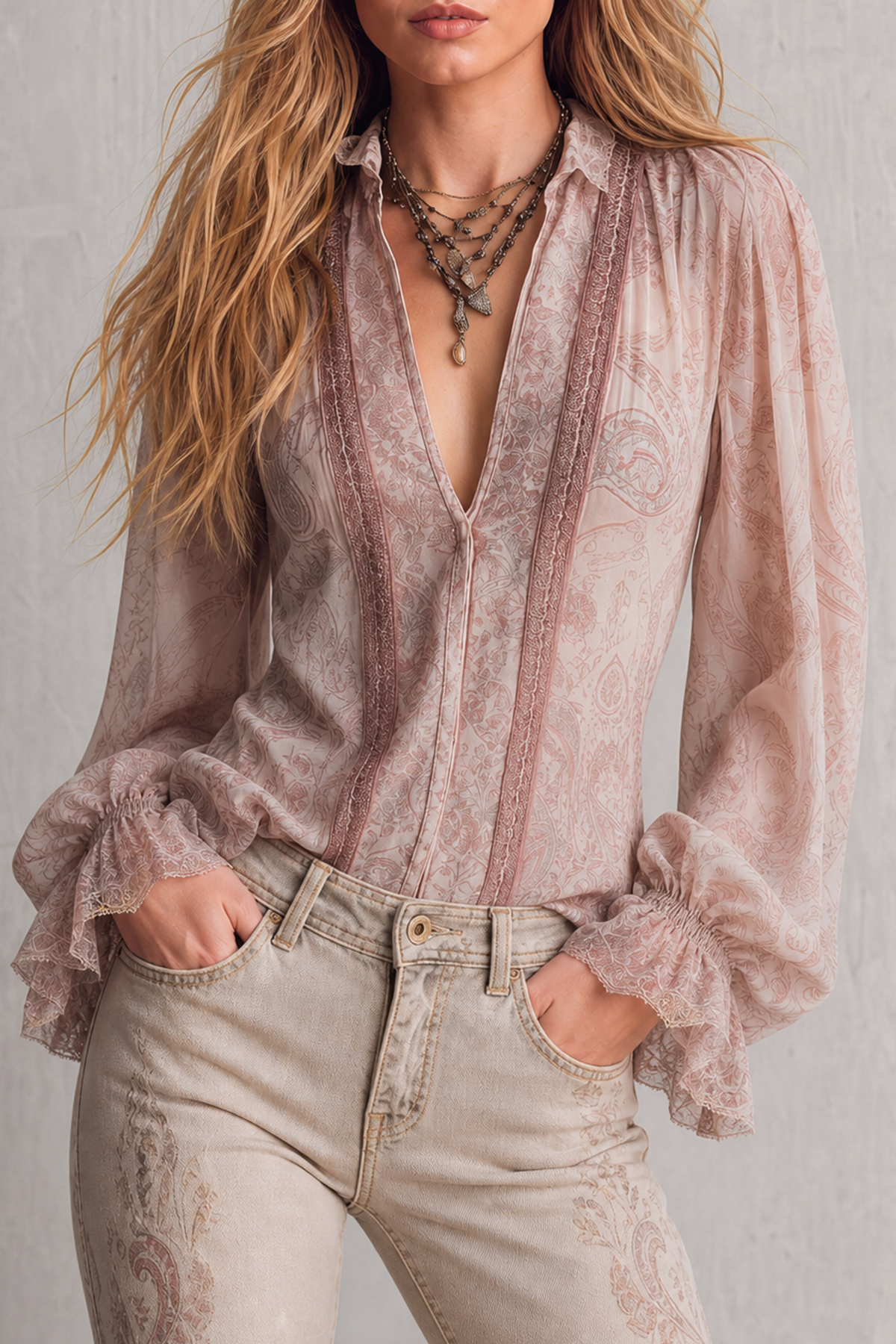 Velique Plunge Neck Lace Print Blouse