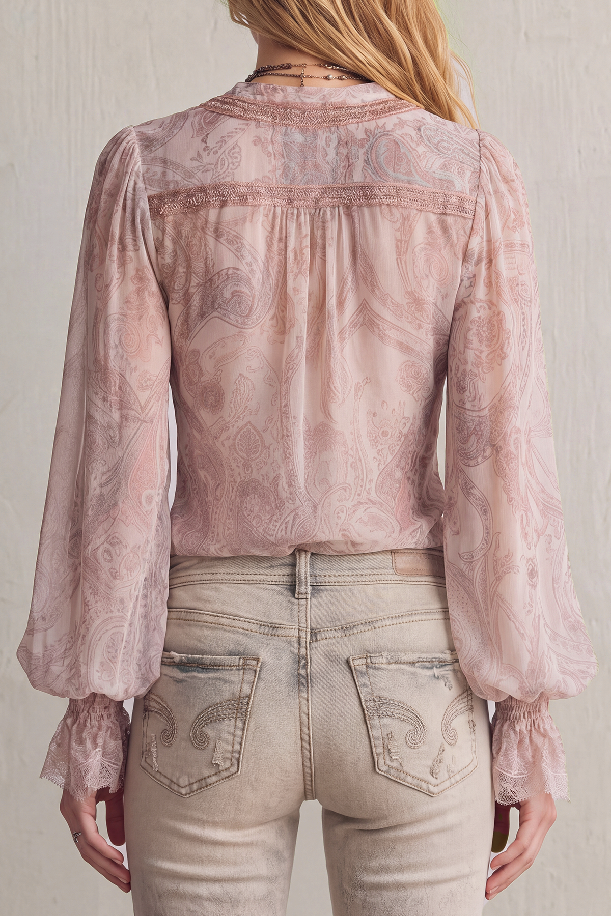Velique Plunge Neck Lace Print Blouse