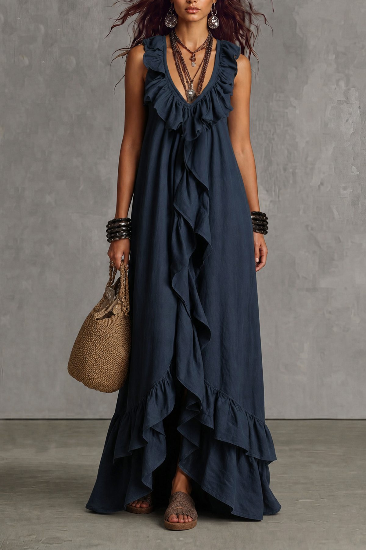 Velmira Plunge Neck Ruffle Trim Maxi Dress