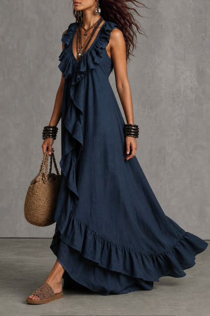 Velmira Plunge Neck Ruffle Trim Maxi Dress