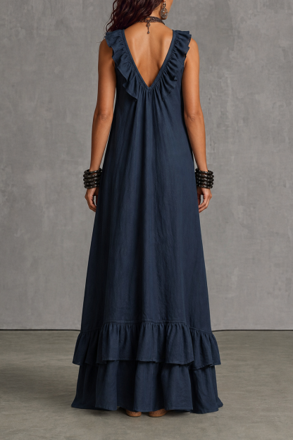 Velmira Plunge Neck Ruffle Trim Maxi Dress