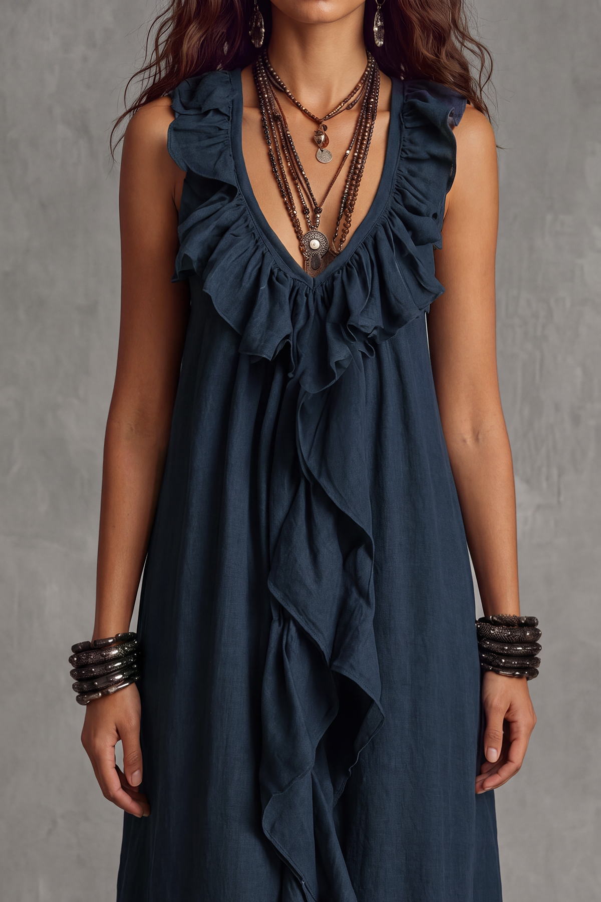 Velmira Plunge Neck Ruffle Trim Maxi Dress