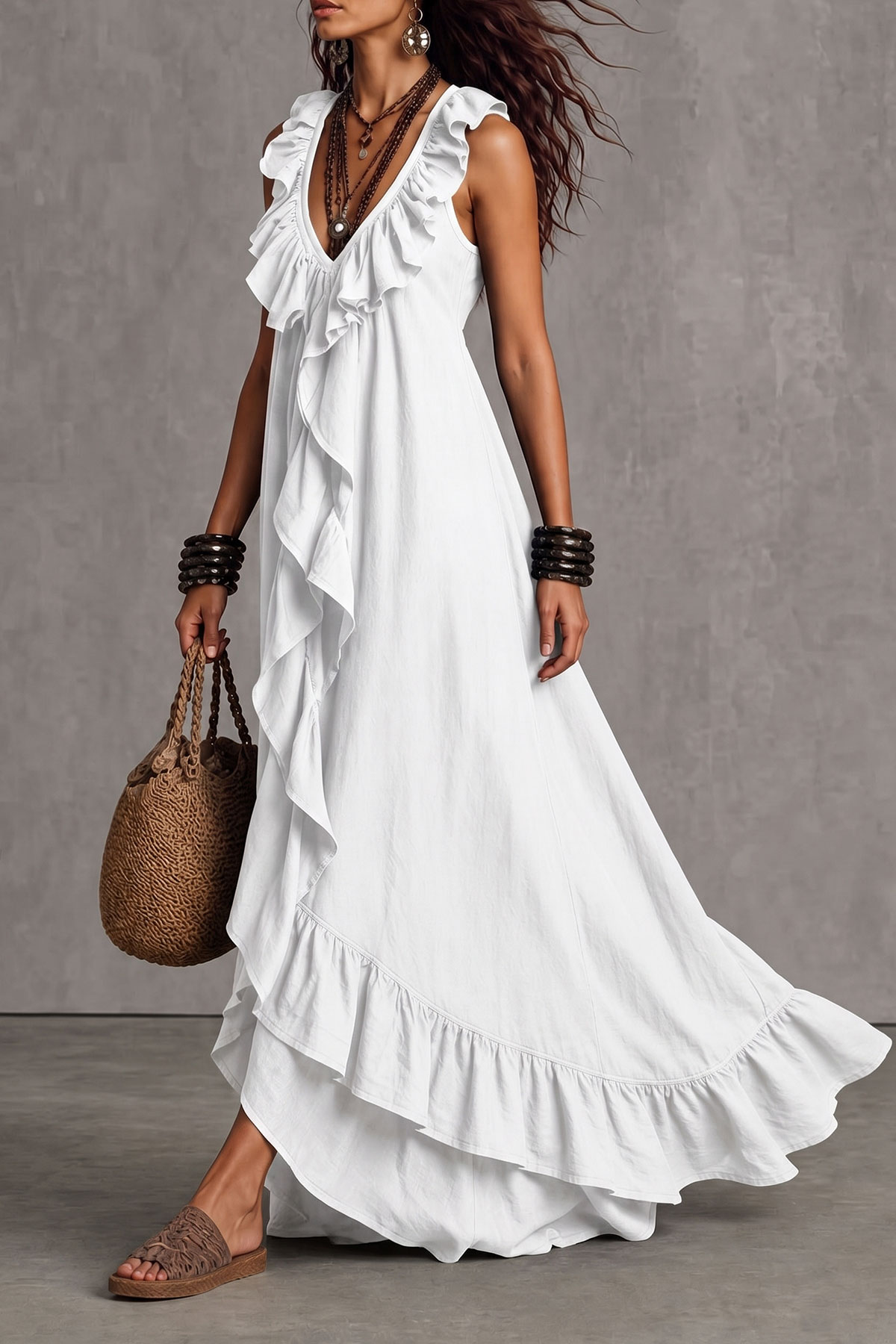 Velmira Plunge Neck Ruffle Trim Maxi Dress In White