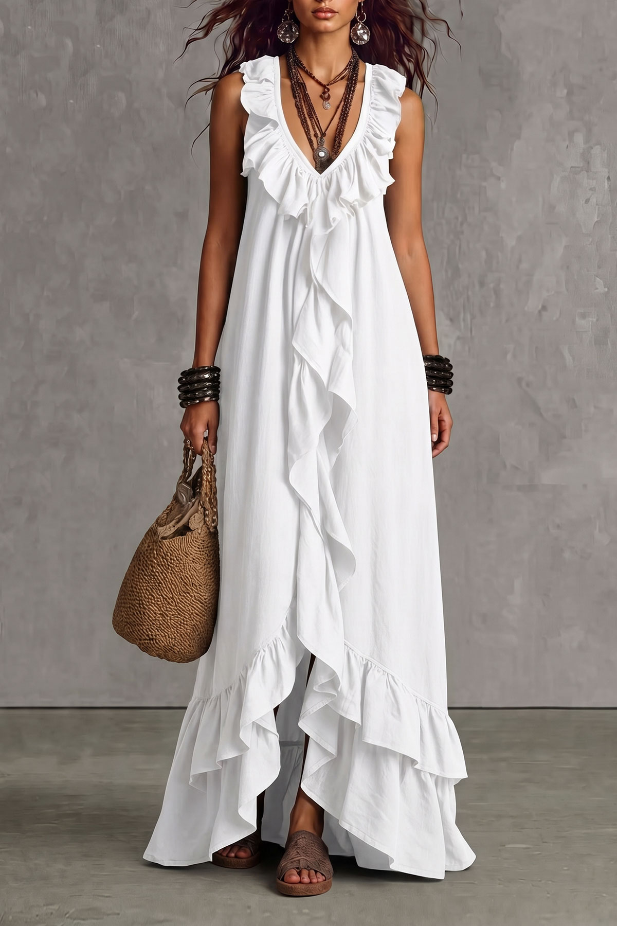 Velmira Plunge Neck Ruffle Trim Maxi Dress In White